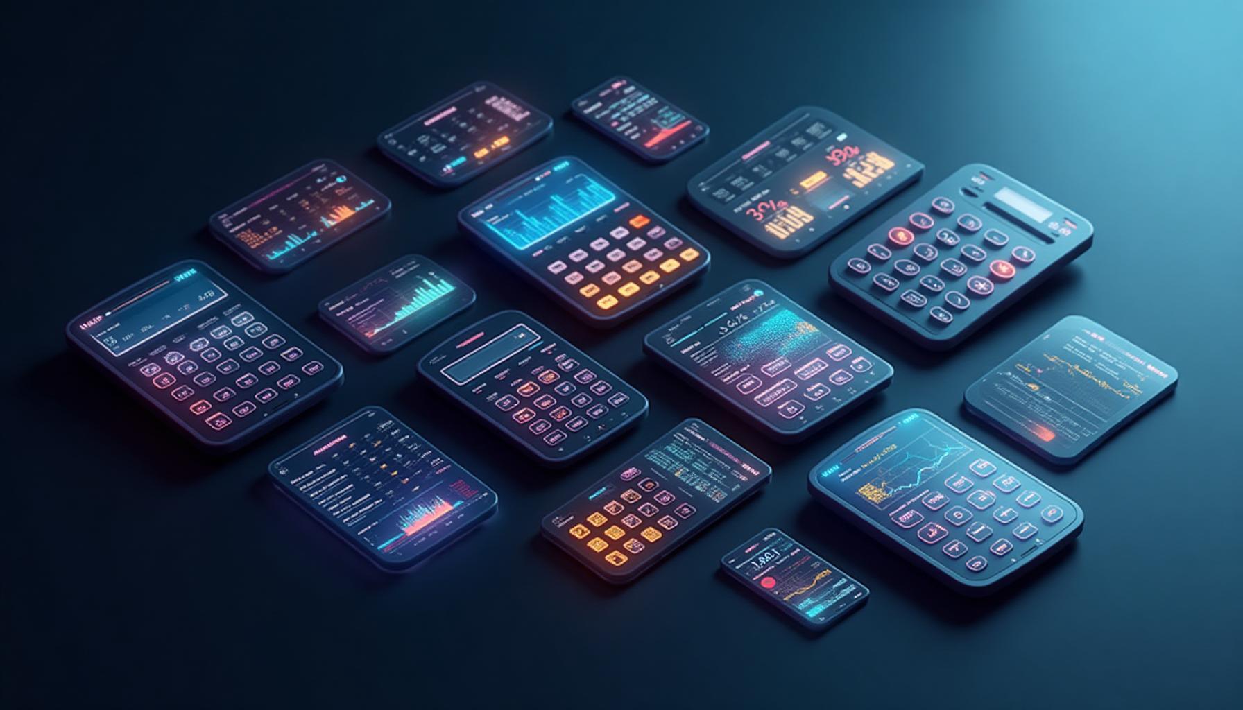 Collection of floating calculator interfaces with glassmorphic effects