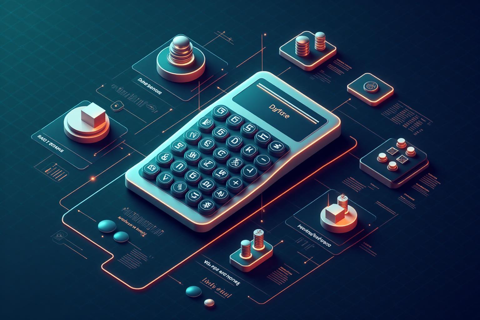 Isometric diagram showing AI-powered calculator ecosystem with interconnected modules
